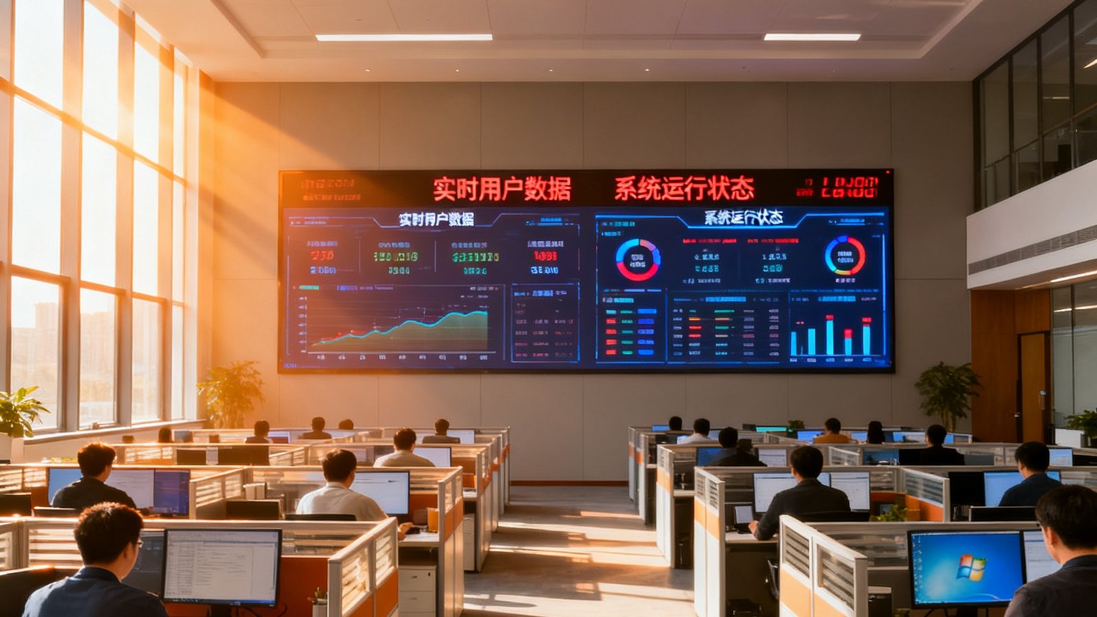 爱游戏深圳总部开放式办公区实景照片，阳光透过落地窗洒在排列整齐的工位上，墙面上挂着大型LED数据监控屏幕，显示实时用户数据和系统运行状态，员工们正在专注工作。