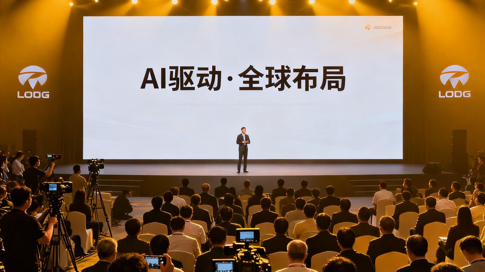 爱游戏2025年战略升级发布会现场照片，舞台中央的巨幅屏幕显示'AI驱动·全球布局'主题，台下坐满媒体记者和行业嘉宾。