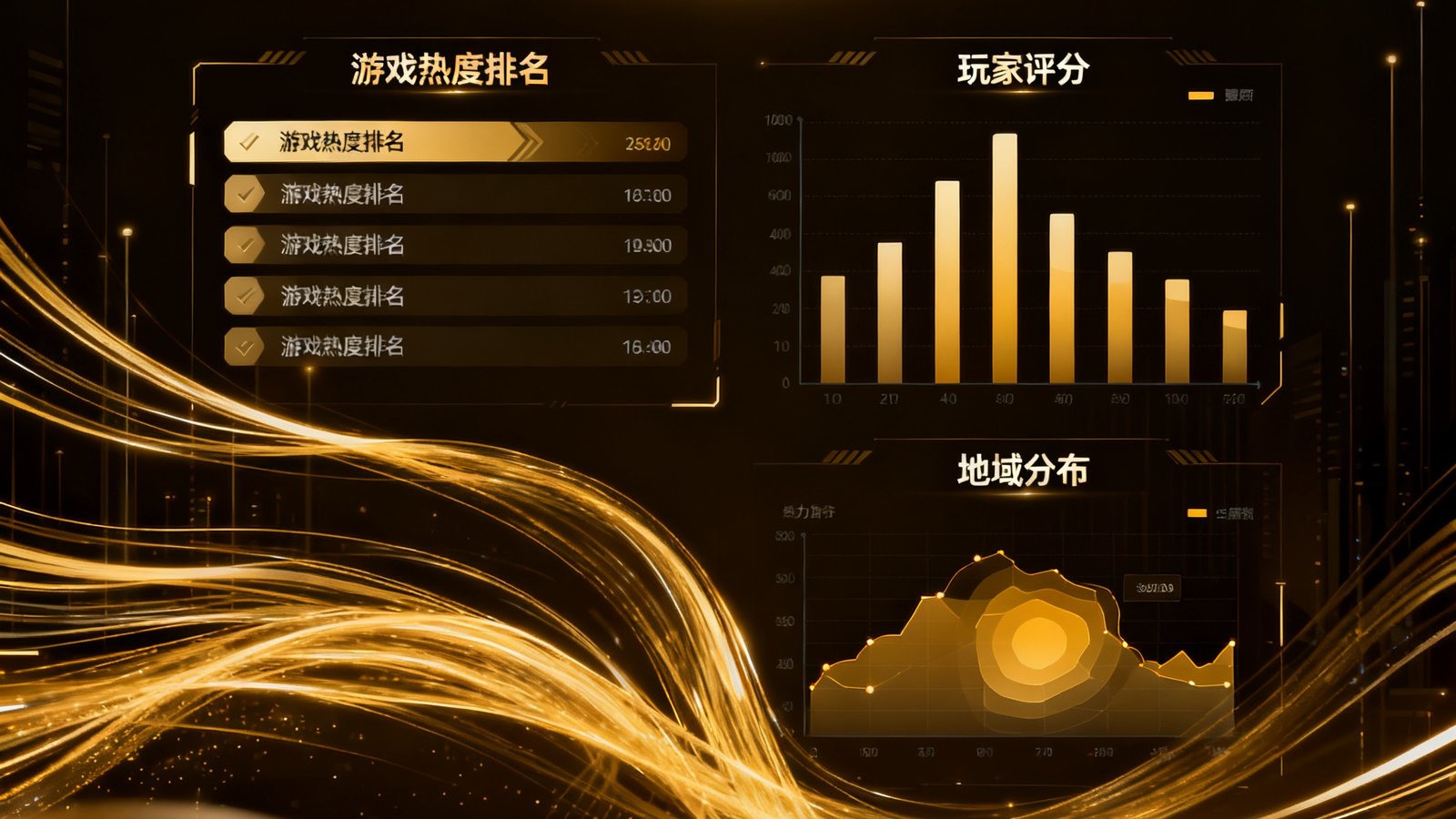 爱游戏行业权威榜单数据可视化大屏，展示实时滚动的游戏热度排名、玩家评分柱状图和地域分布热力图，大屏以深色背景搭配金色数据流线条，科技感十足。