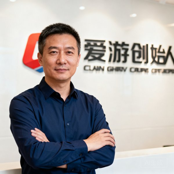 爱游戏创始人兼CEO张启明，40岁男性，穿着深蓝色衬衫，短发干练，站在公司logo墙前双臂交叉，表情自信而沉稳。
