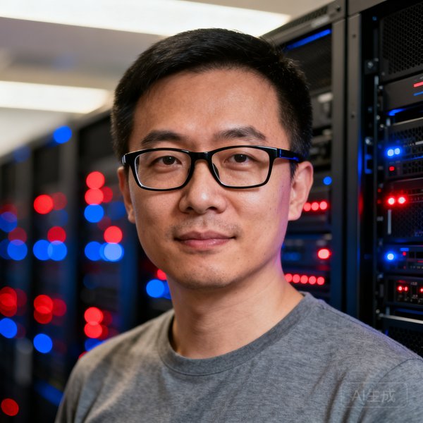 爱游戏CTO陈思远博士，38岁男性，戴黑框眼镜，穿着灰色T恤，在服务器机房前拍摄，背景是闪烁的服务器指示灯。