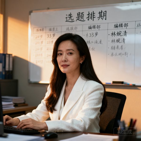 爱游戏内容总监林婉清，33岁女性，长发披肩，穿着白色西装外套，坐在编辑部的办公桌前，身后是写满选题排期的白板。